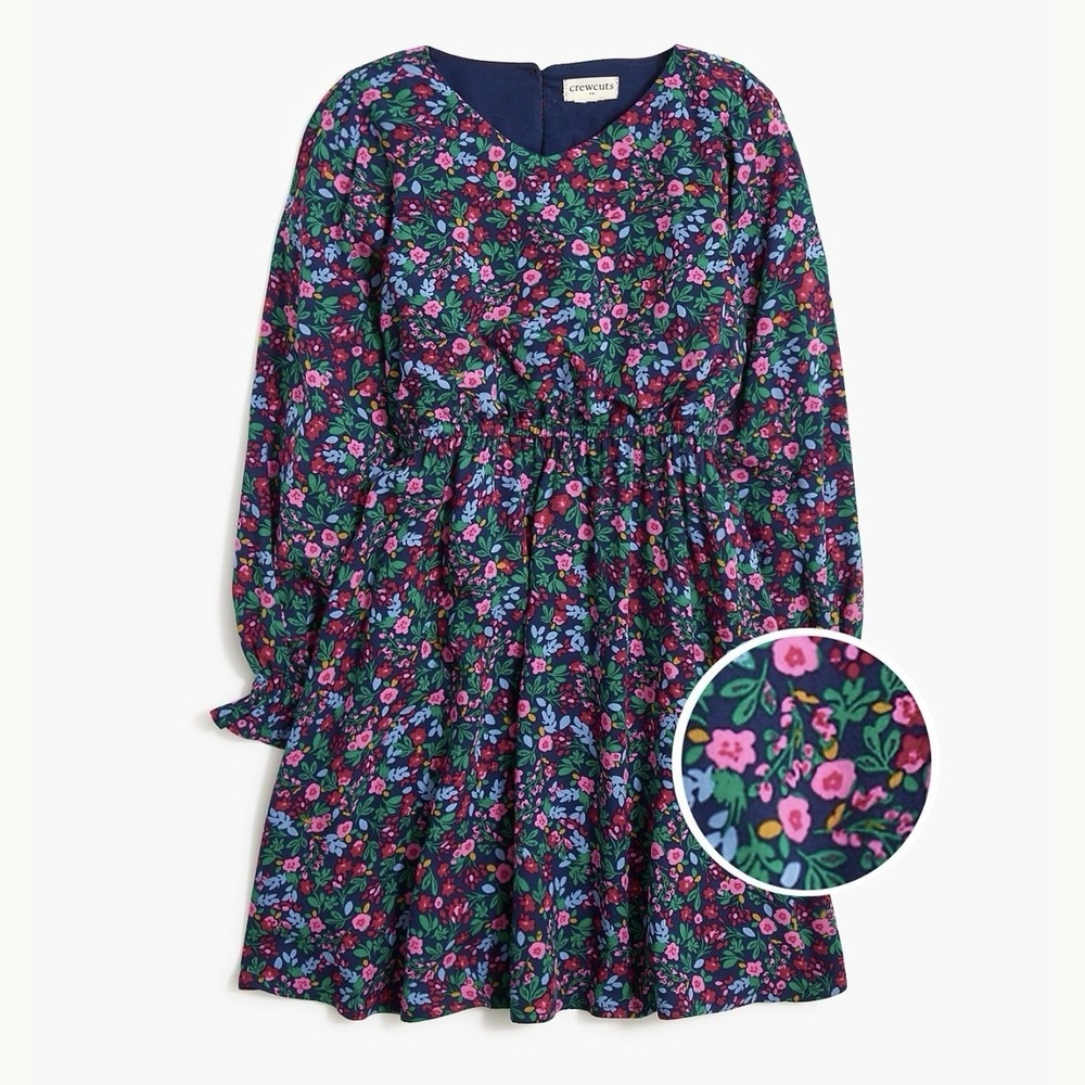 Crewcuts Girls Tiered Dress 12 Cotton Navy Blue Floral Long Sleeve Prairie